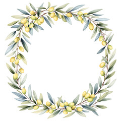 Elegant Olive Wreath Illustration A Watercolor Depiction of Olives and Leaves on White Background