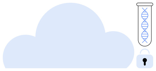 Large cloud shape representing cloud storage, test tube with DNA double helix, and lock icon denoting data protection. Ideal for technology, genetics, security, biotechnology, privacy, research