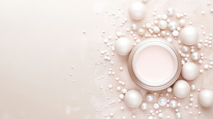 Luxury skincare cream and pearls on pastel background