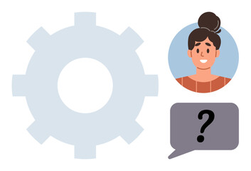 Profile of cheerful woman, speech bubble with question mark, and gear icon representing communication, creativity, brainstorming, innovation, decision-making, collaboration, and troubleshooting in