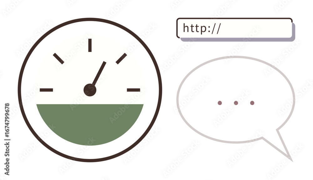 Poster speedometer displaying performance, web address bar, and speech bubble with ellipsis. ideal for spee