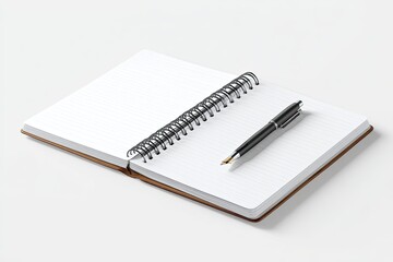 Open notebook with lined pages and a black pen resting on it, on white
