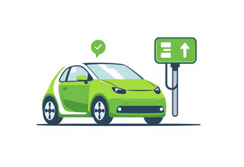 Vector illustration of an electric car charging. Modern green electric car charging a battery, isolated on a white background. Environmentally friendly approach. Eco-friendly vehicle.