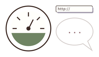 Speedometer displaying performance, web address bar, and speech bubble with ellipsis. Ideal for speed, communication, accessibility, performance, internet browsing technology and simplicity. Simple