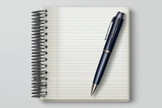 Notebook with lined paper and a dark blue pen sitting on it