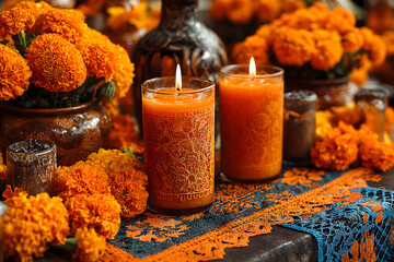Candles with Cempasuchil orange flowers or Marigold.(Tagetes erecta) and PapelPicado. Decoration traditinally used in altars for te celebration of the day o the dead in Mexico