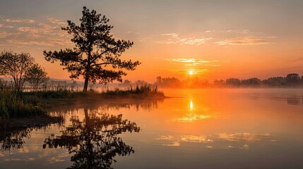 Fototapeta premium Sunrise over a tranquil lake, a silhouette of a pine tree on a misty shore