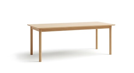 Fototapeta premium A simple, light-colored wooden dining table with four straight legs, presented against a white background.