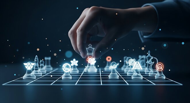 Competitor analysis concept. A hand places pieces on a holographic chessboard, where each piece represents a competitor in the market.