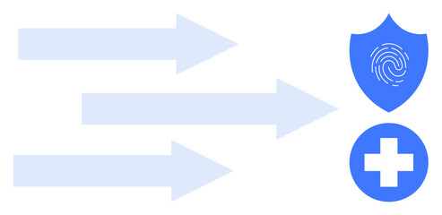 Three arrows lead to a shield featuring a fingerprint and a medical cross, symbolizing direction, protection, security, identity, healthcare, and technology. Ideal for protection, data security