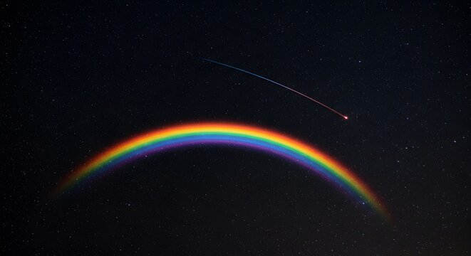 Night Sky Rainbow and Meteor: A vibrant rainbow arcs across the night sky, a celestial spectacle intersected by a shooting star, creating a magical and ethereal scene. 