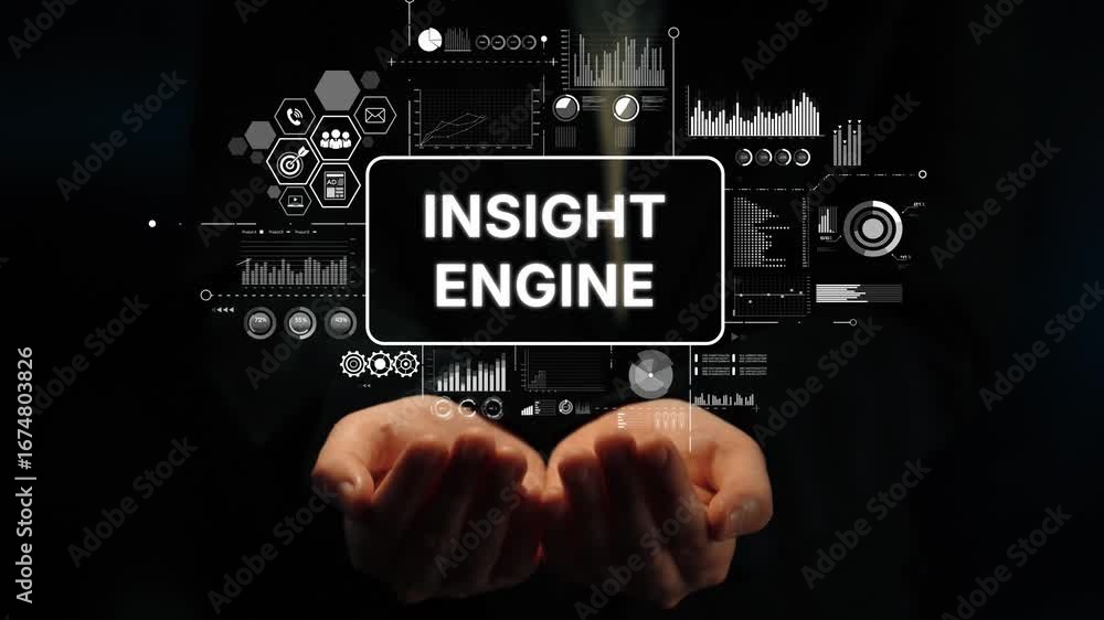 Poster hands holding digital insight engine concept with data graphics and analytics symbols in business en