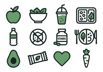 Healthy food colored icons – apple, salad, water, vitamins, avocado, carrot, heart
