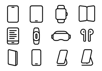 Gadget black line icons – smartphone, tablet, smartwatch, foldable phone, e-reader, fitness tracker, VR headset, wireless earphones, phone stand