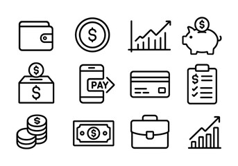 Finance black icons wallet, coins, chart, card, mobile payment, piggy bank, briefcase, investment