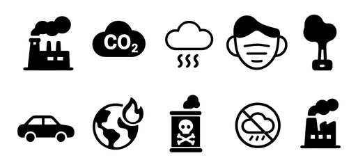 Air pollution black icons factory, CO2, smog, mask, toxic waste, global warming, car.