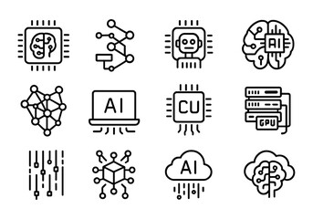 Artificial intelligence black icons processors, chips, neural networks, AI, GPU, CU, cloud computing