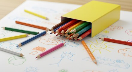 Artistic Color Palette: A vibrant array of colored pencils spills from a bright yellow box onto a sheet, ready to awaken creativity, with detailed drawing capturing the joy of artistic expression.