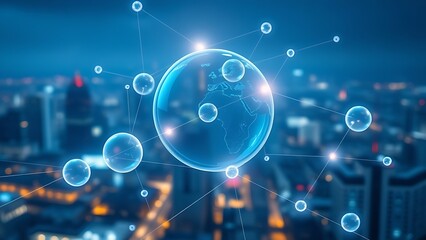 Obraz premium Floating translucent spheres connected by glowing lines, symbolizing global business networks.