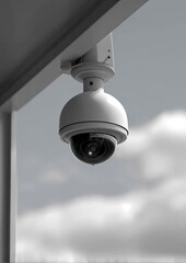 Gray dome security camera hanging from a building's edge