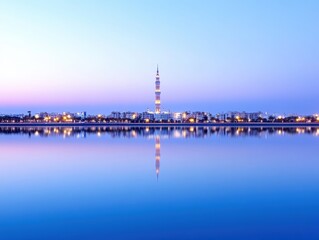Calm waters reflect city skyline at dawn
