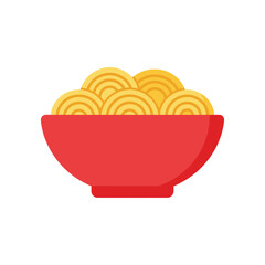 A simple flat vector illustration of a red bowl filled with yellow noodles isolated on a white background.