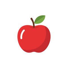 Simple red apple with a green leaf and brown stem, flat design illustration on a white background.