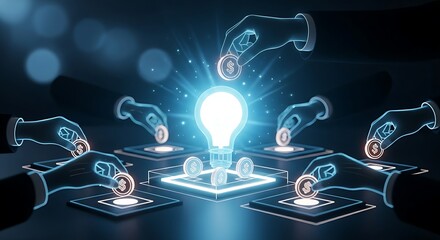 Crowdfunding concept. Multiple smaller holographic hands place light coins into a central box to fund a large "idea" lightbulb.
