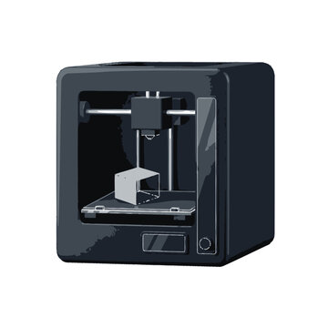 A detailed illustration of a 3D printer in operation, creating a plastic object within its enclosed structure.