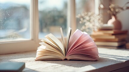 Open book on windowsill, sunlight streaming through, soft focus background
