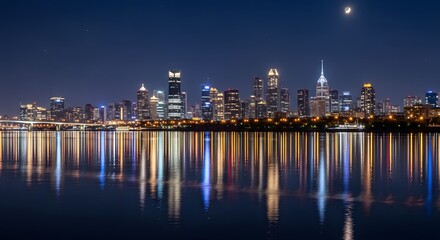 Vibrant city skyline illuminated at night with colorful lights reflecting on the calm water surface creating a stunning visual spectacle