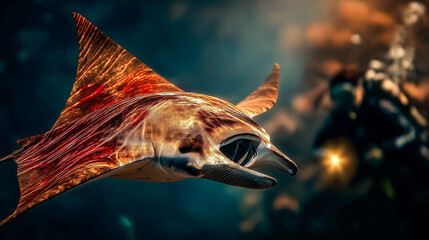 High-contrast underwater shot of a manta ray illuminated by a diver’s flashlight at night dive, dark ocean background, dramatic lighting, realistic rendering