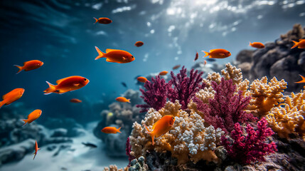 Obraz premium Underwater wide panorama of the Great Barrier Reef, dense coral formations and countless small fish, bright tropical sun overhead, ultra-wide cinematic perspective