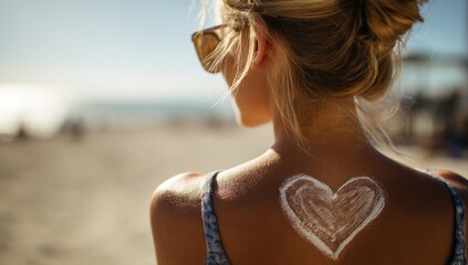 Woman's back with heart-shaped sunscreen