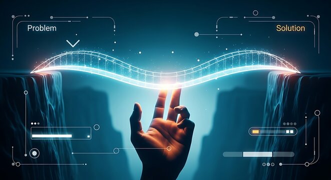 Bridge building and problem-solving concept. A hand completes the final segment of a holographic light bridge connecting "Problem" to "Solution."