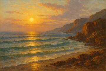 Obraz premium Oil painting of coastline at sunset with golden light reflecting on ocean waves and jagged rocky cliffs