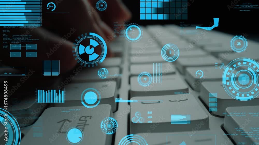 Poster a close-up of a hand typing on a keyboard with futuristic data and interface visuals overlaying the 