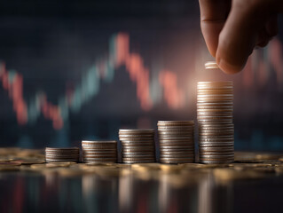 コインの積み重ねと背景の金融チャート