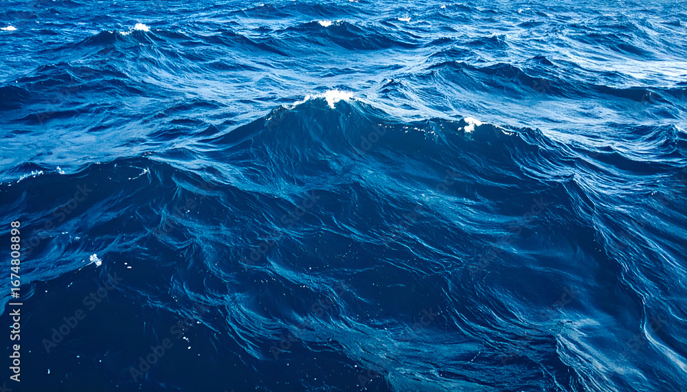 Poster dynamic texture of deep blue ocean waves with subtle white foam, showcasing the vastness and power o