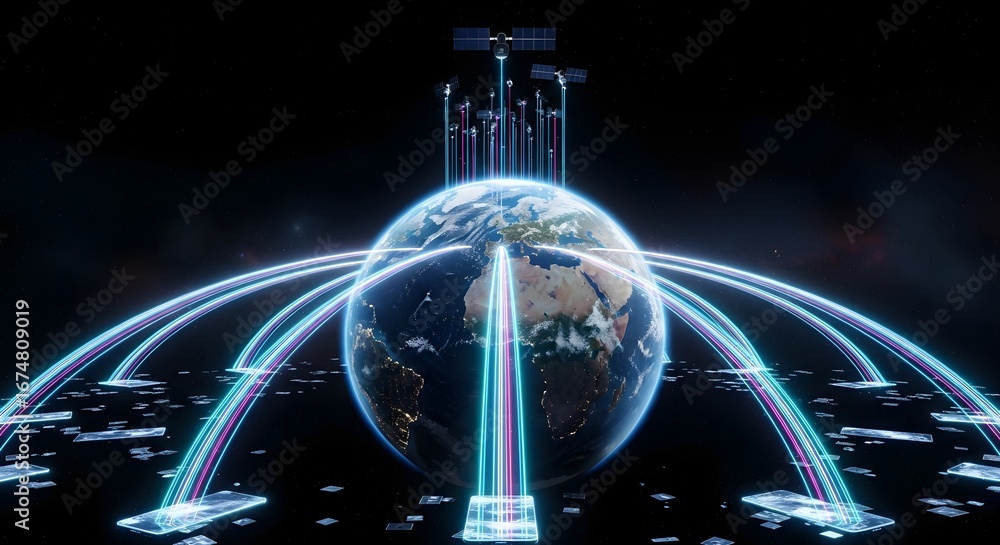 Poster digital globe earth with network connections and satellite links in space