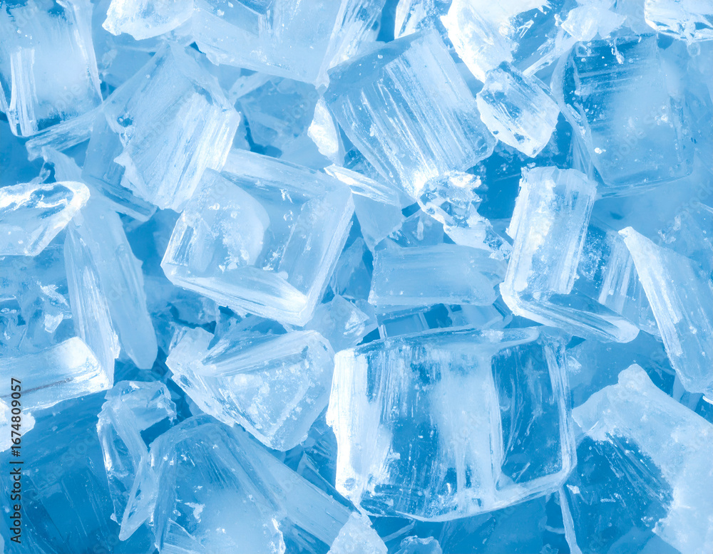 Poster dynamic close-up of vibrant blue ice cubes and crushed ice shards, creating a frosty, refreshing tex