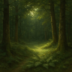 Oil painting of deep forest clearing with sunlight illuminating ferns, moss, and tall textured tree trunks