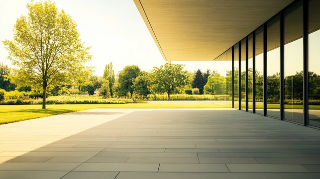 Modern architecture glass facade and green park view