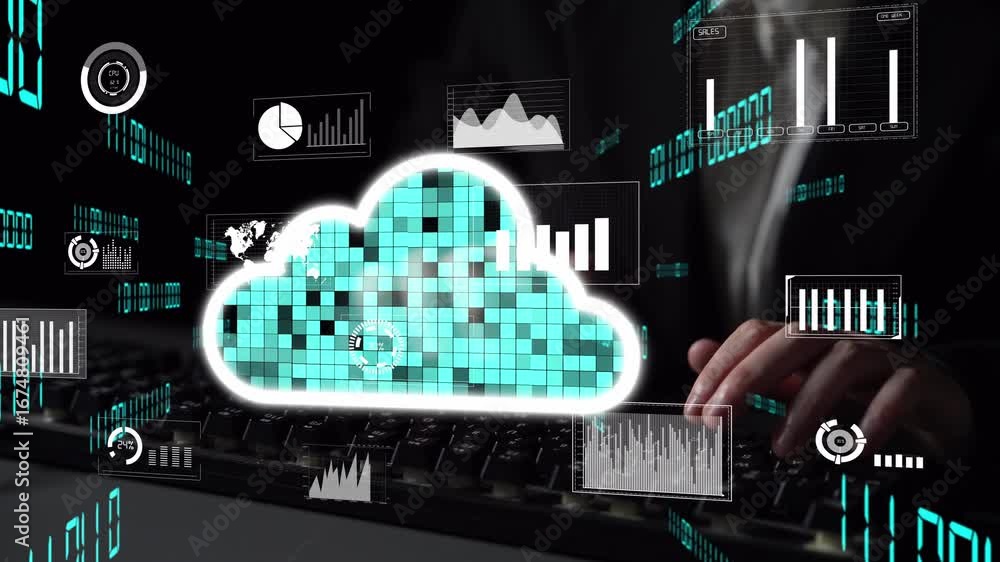 Poster this image illustrates modern cloud technology, featuring data visualization and a keyboard, represe