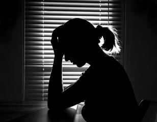 Silhouette of a distressed woman with head in hands by window blinds, symbolizing profound sadness, stress, and mental health challenges.