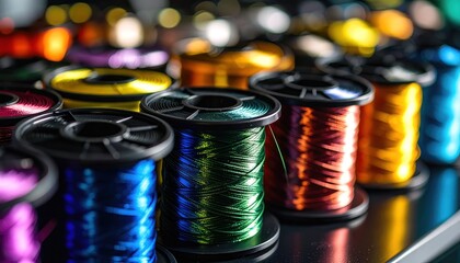 Colorful sewing thread spools with vibrant textiles and crafting, and studio.