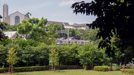 Naklejka premium 電車と教会が見える公園