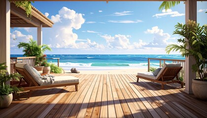 Obraz premium A stunning beachfront deck with teak wood flooring, offering panoramic ocean views, sun loungers, and lush greenery, creating a perfect tropical paradise for relaxation and outdoor enjoyment.