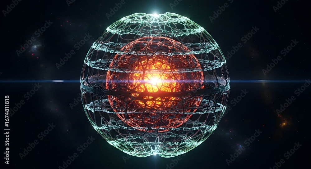 Poster futuristic abstract spherical structure with glowing center in deep space