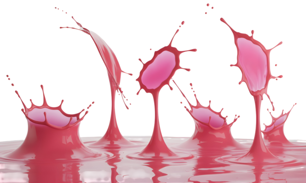 A creative composition of multiple pink liquid splashes creating abstract, sculptural forms on a clean isolated white background